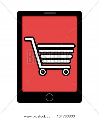 black electronic device with red screen and white shopping cart  icon over isolated background, vector illustration