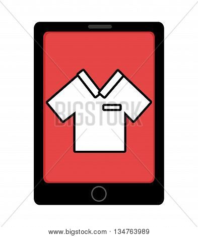 black electronic device with red screen and white shirt  icon over isolated background, vector illustration