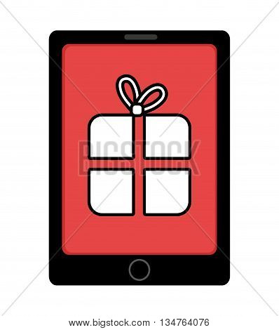 black electronic device with red screen and white gift icon over isolated background, vector illustration