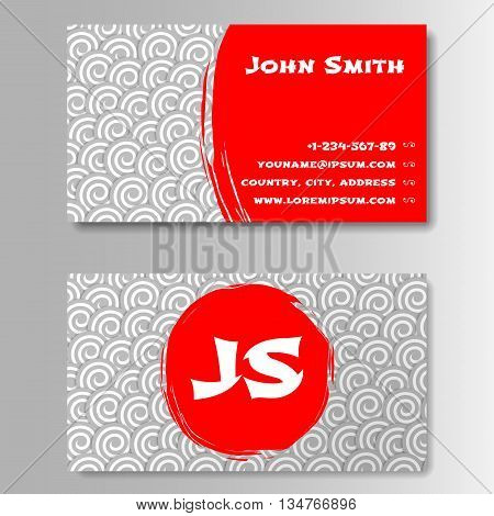 Template for business card with sun and clouds in Japanese style. Vector illustration