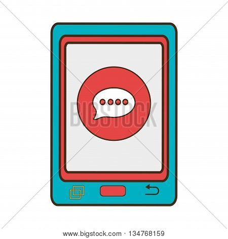 blue electronic device with red circle on the screen and chat icon, communication concept, over isolated background, vector illustration