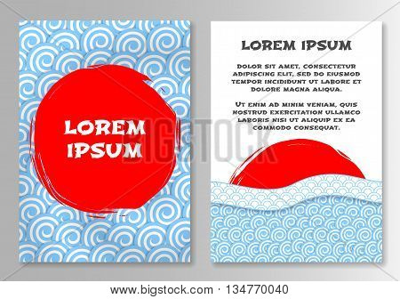 Template for brochure with sun and waves in Japanese style. Vector illustration