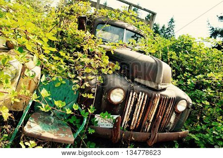 Old chair and truck together thinking about how it use to be.