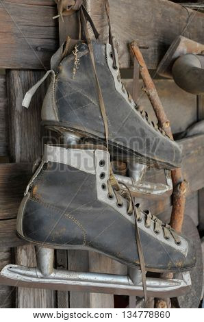 Old ice skates hanging on a wall.