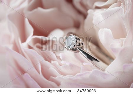 Diamond ring in a pink rose - engagement ring close up