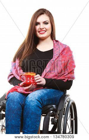 Woman Invalid Girl On Wheelchair Holds Tea Mug
