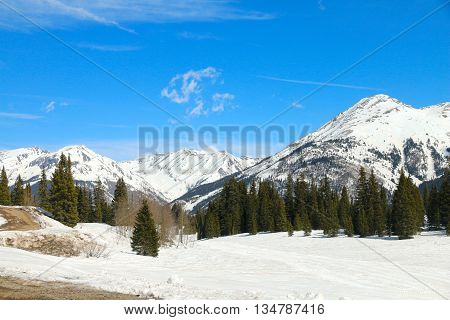 Mountains are still covered in snow at Molas Pass in Colorado