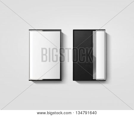 Blank cassette tape box design mockup, isolated, back side view. Vintage cassete tape case with retro casset mock up. Plastic analog magnetic tape casete clear packaging template. Mixtape box cover.