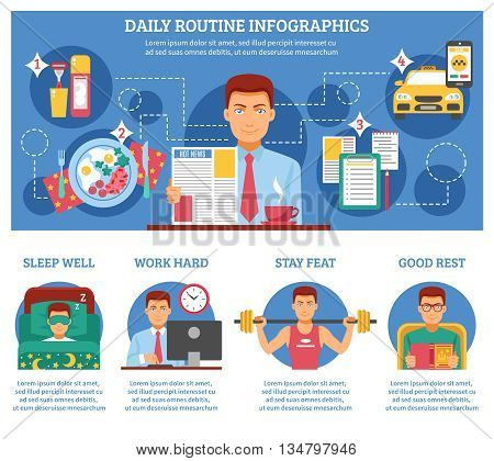 Man daily routine infographics with descriptions of sleep wall work hard stay feat and good rest vector illustration