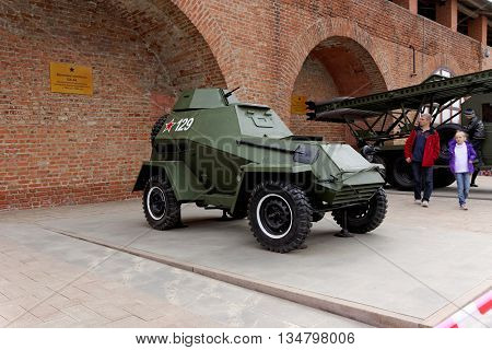 Nizhny Novgorod, Russia - May 3.2013. Tourists visiting the armored car BA-64 at exhibition of military equipment  of times of World War II in the Kremlin of Nizhny Novgorod.
