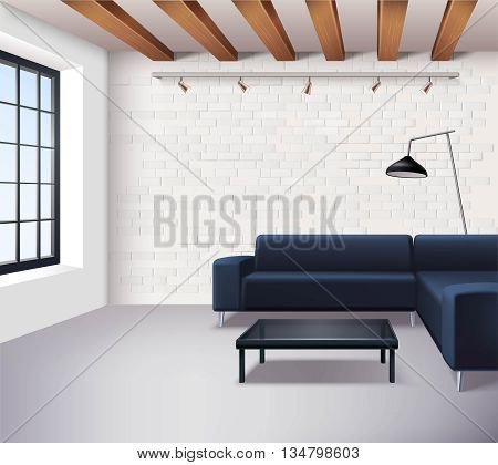 Realistic loft interior concept in minimalistic style with sofa coffee table window lamps and light brick walls vector illustration