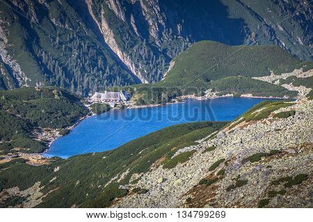 Beaitiful Mountain lake in the summer Valley of five lakes Poland Zakopane