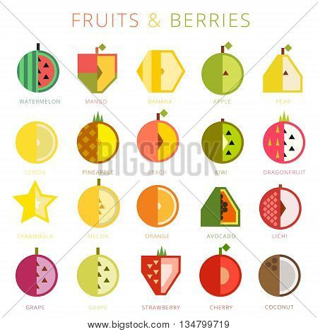Set of vector fruits and berries flat icons design collection