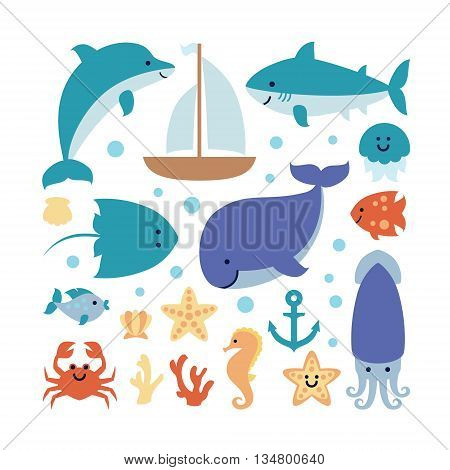 Set of sea theme isolated on white background. Vector.