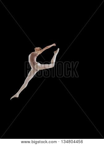 Young beautiful ballerina posing in jump in studio