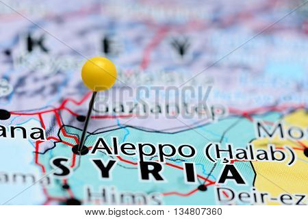 Aleppo pinned on a map of Syria