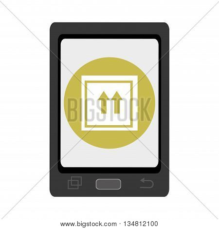 black smartphone with green circle and white box and arrows icon over isolated background, vector illustration