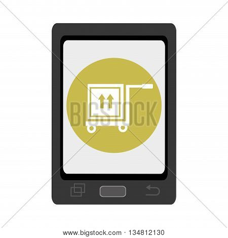 black smartphone with green circle and white box and arrows on freight car icon over isolated background, vector illustration