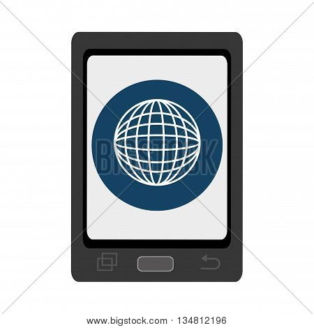 black smartphone with blue circle and white world map icon over isolated background, vector illustration