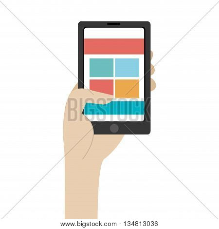 humand hand holding black smartphone with colorful squares and stripes on the screen over isolated background, vector illustration