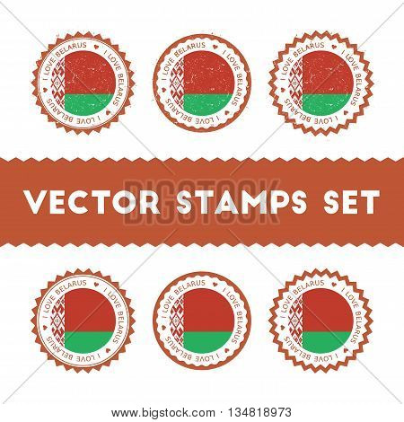 I Love Belarus Vector Stamps Set. Retro Patriotic Country Flag Badges. National Flags Vintage Round