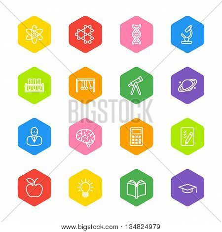 white line education and science icon set on colorful hexagon for web design user interface (UI) infographic and mobile application (apps)