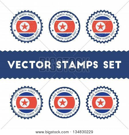 I Love Korea, Democratic People's Republic Of Vector Stamps Set. Retro Patriotic Country Flag Badges