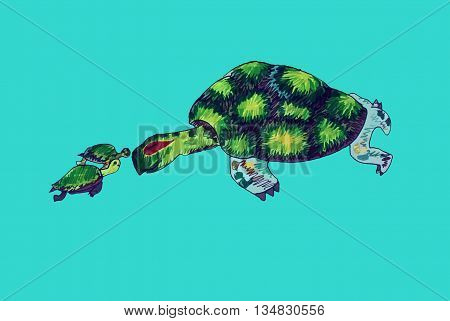 Sea turtle and baby turtles, Sea turtles in mint
