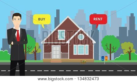 a businessman choose between buy or rent to buy his house vector graphic illustration