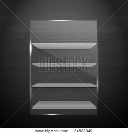 Gorizontal White Bookshelves On A Dark Walll With Front Glass Eps 10