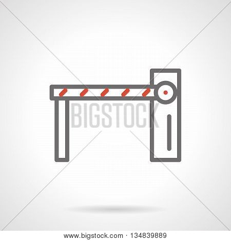 Pass equipment for checkpoints. Striped automatic barrier with support for the arm. Outdoor car parking control system. Simple gray and red line icons.