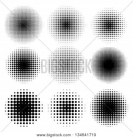 Vector halftone effects set. Different size of circles and gradations. Black objects on white background.