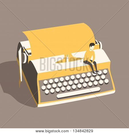 Man on vintage typewriter. Vector illustration. Isolated background. writing text. Typography. Writer tool Retro manual typewriter. Figure of human