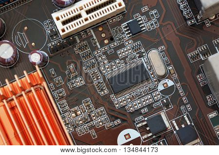 Socket electronics components on PC computer mainboard and have concept about technology.