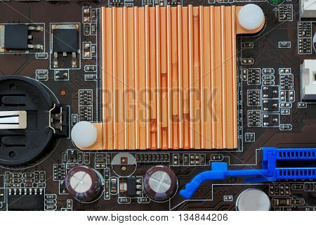 Socket electronics components on PC computer mainboard and have concept about technology.