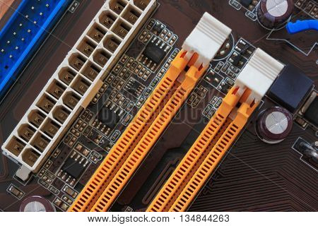 Socket electronics components on PC computer mainboard and have concept about technology.