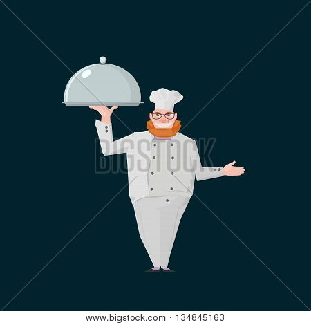 business illustration with redhair chef standing with metal salver