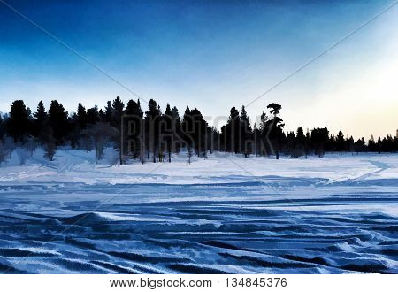 Tranquil pine forest. Beautiful winter landscape at morning with forest and snow. Winter landscape background.
