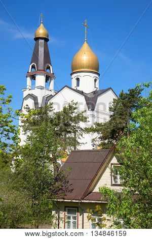 View on the dome of St. Peter and Paul Church, sunny may day. Sestroretsk, Russia