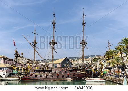 Genova Italy - September 27 2015: Figurehead of Galleon Neptune a replica of a 17th-century Spanish galleon. The ship was built in 1985 for Roman Polanski's film Pirates