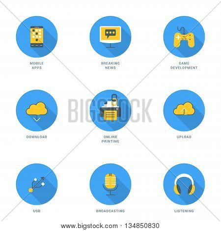 Set of Flat Design Icons With Long Shadow. Modile Apps Game Development Breaking News Online Printing Download Upload USB Broadcasting Listening. Vector Icons