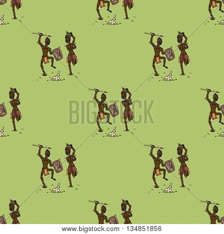 African people dancing around animal skull. Hand drawn vector stock illustraton. Seamless background pattern. Colorful template. Tribal Africa