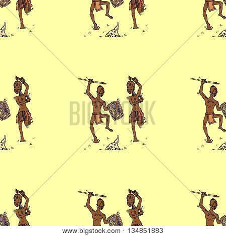 African people dancing around animal skull. Hand drawn vector stock illustraton. Seamless background pattern. Colorful template. Tribal Africa