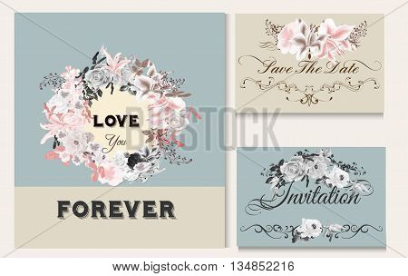 Collection of vector wedding greeting cards or save the date templates in retro pastel tones for design