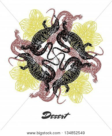 Vector Desert mood Engraved fractal outlet composition. Bright colored composition with desert Varans and flowers