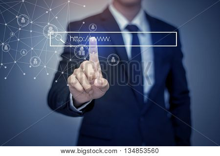 business man clicking internet search page on computer touch screen
