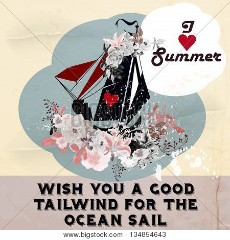 Fashion summer poster in retro style with ship flowers and red heart ideal for T-shirts print save the date cards wedding and other