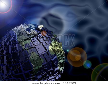 Terre avec bâtiments et Lens Flare
