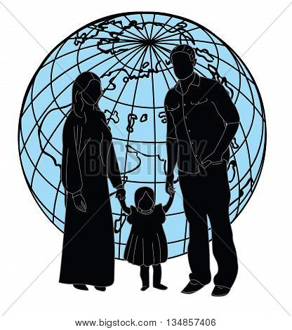 silhouette of family on a background of the earth. vector illustration