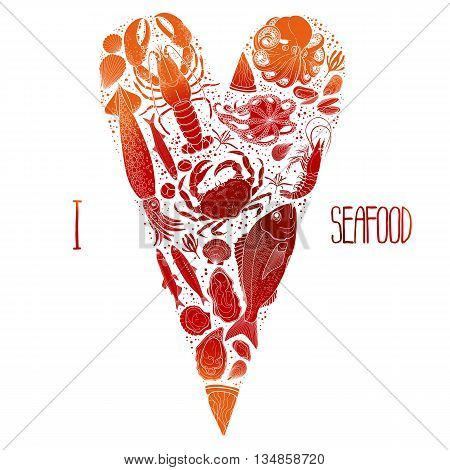 Graphic seafood in the shape of tilda heart. Sea and ocean creatures isolated on white background